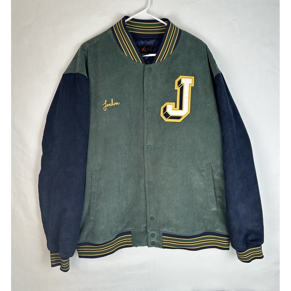 EUC Air Jordan Varsity Letterman Coat Mens XL Green Blue Jumpman Corduroy Jacket